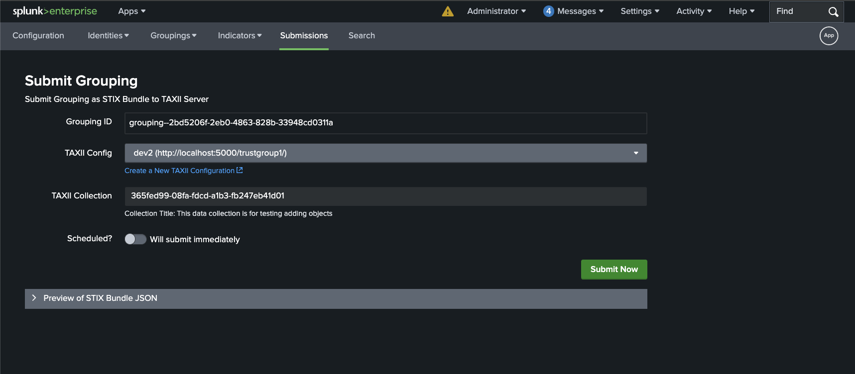 Submission page with TAXII Collection Discovery disabled