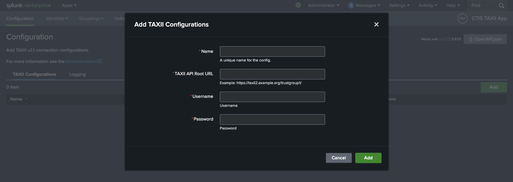 Dialog to add TAXII server
