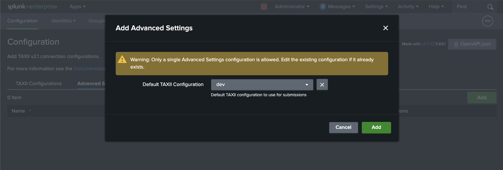 Advanced Settings Default TAXII