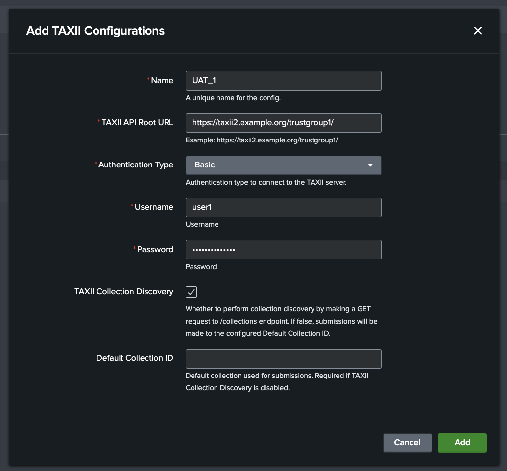 Dialog to add TAXII server