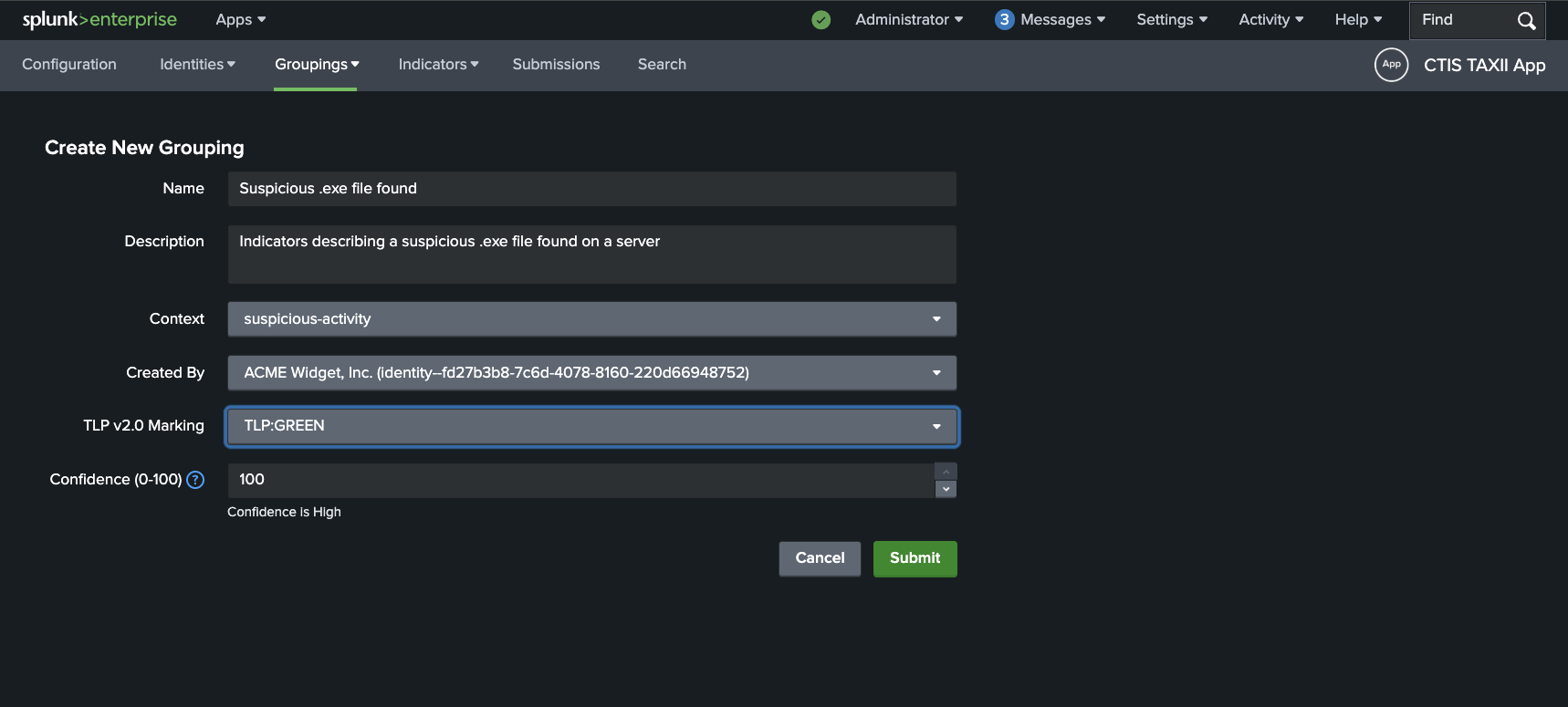 Example New Grouping Form