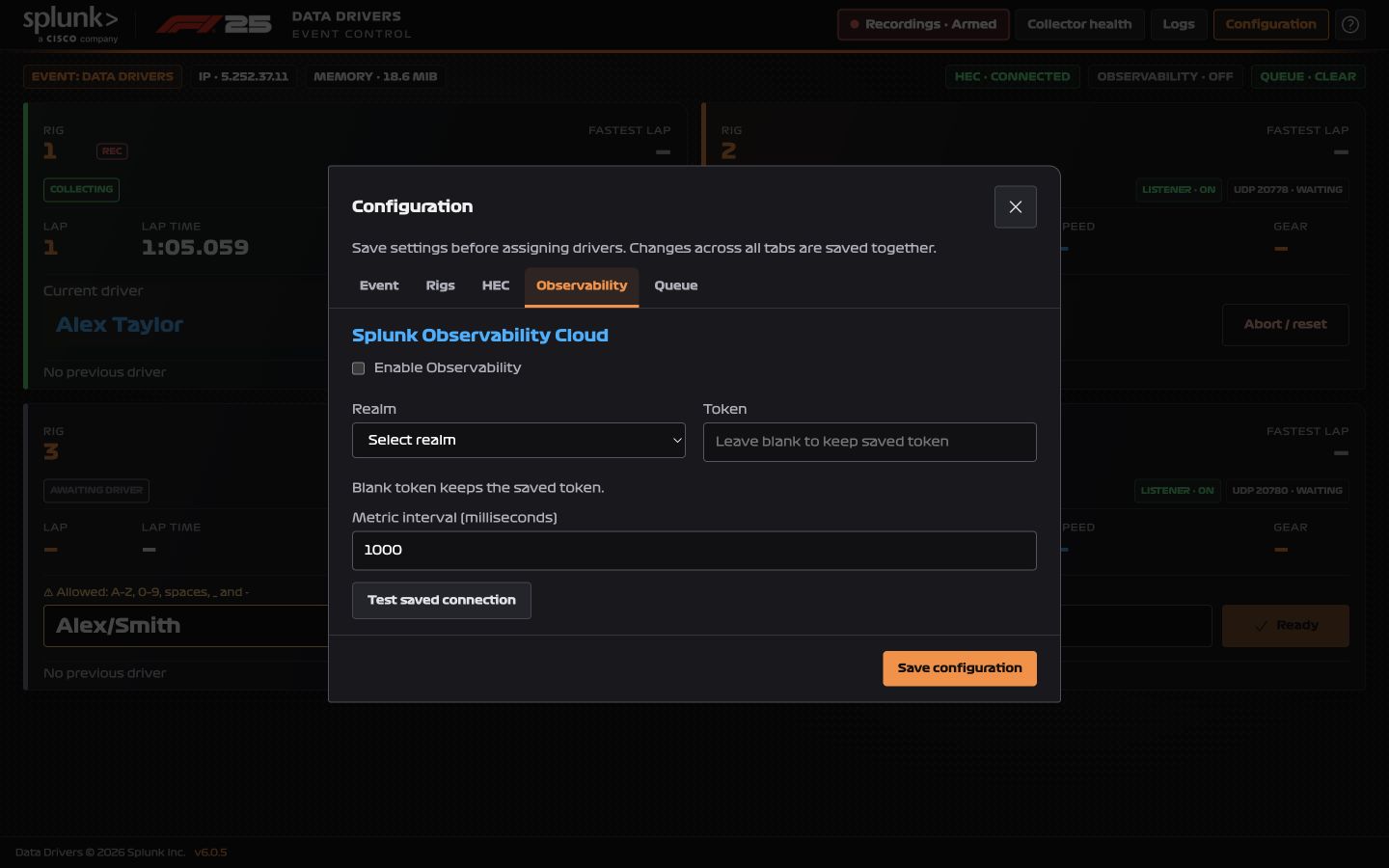 Observability realm and token configuration