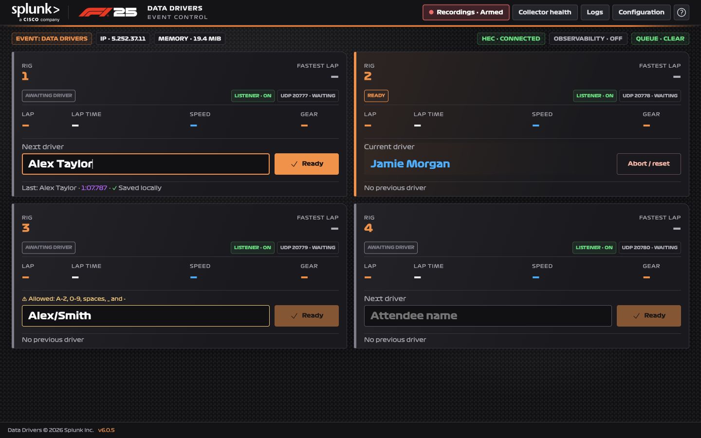Ready controls and an assigned driver on v6