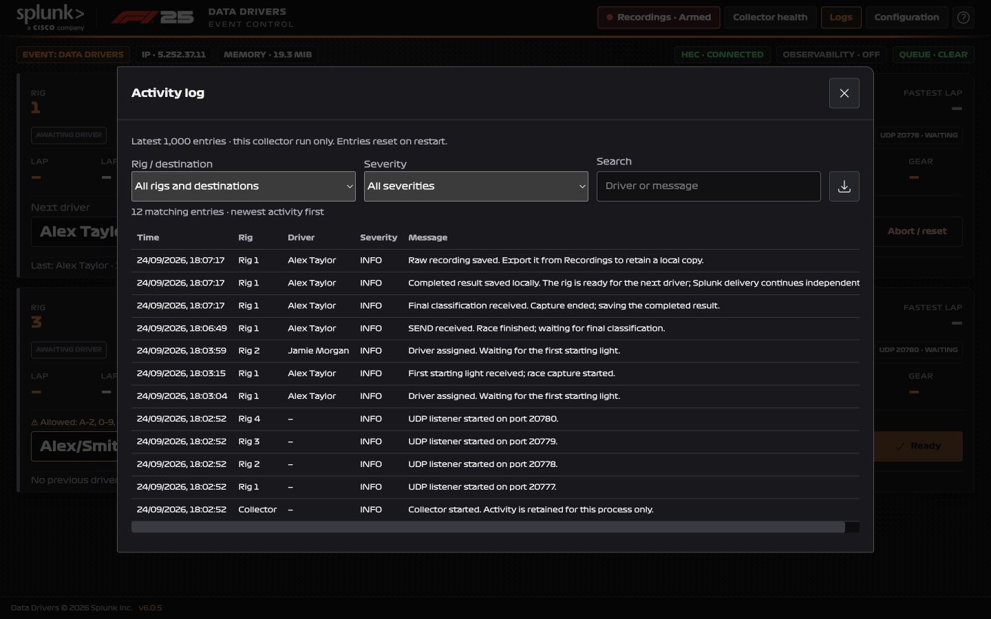 Searchable collector activity log