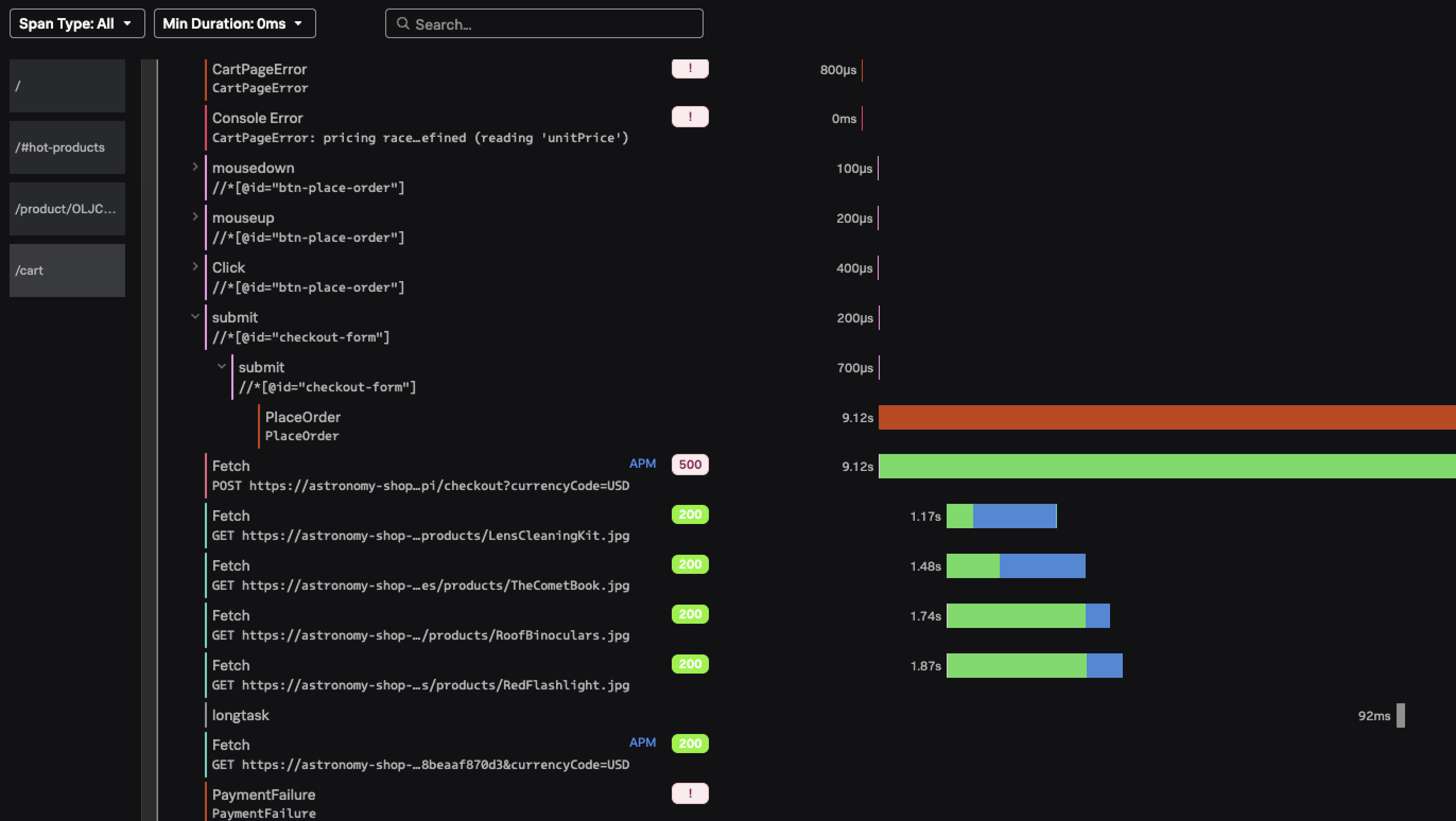 RUM session waterfall with PlaceOrder and APM link
