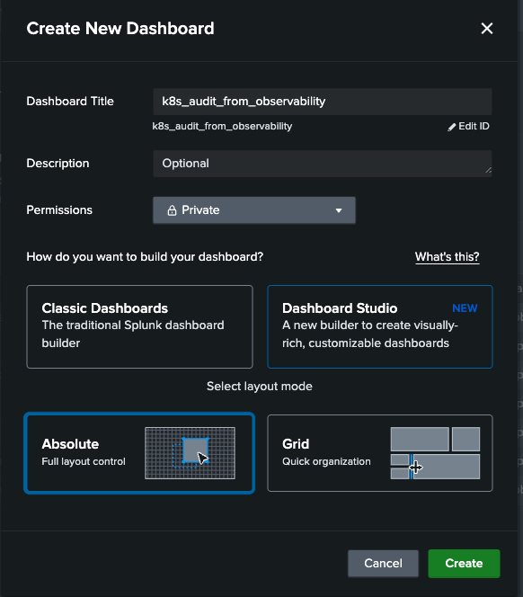 Dashboard title and layout options