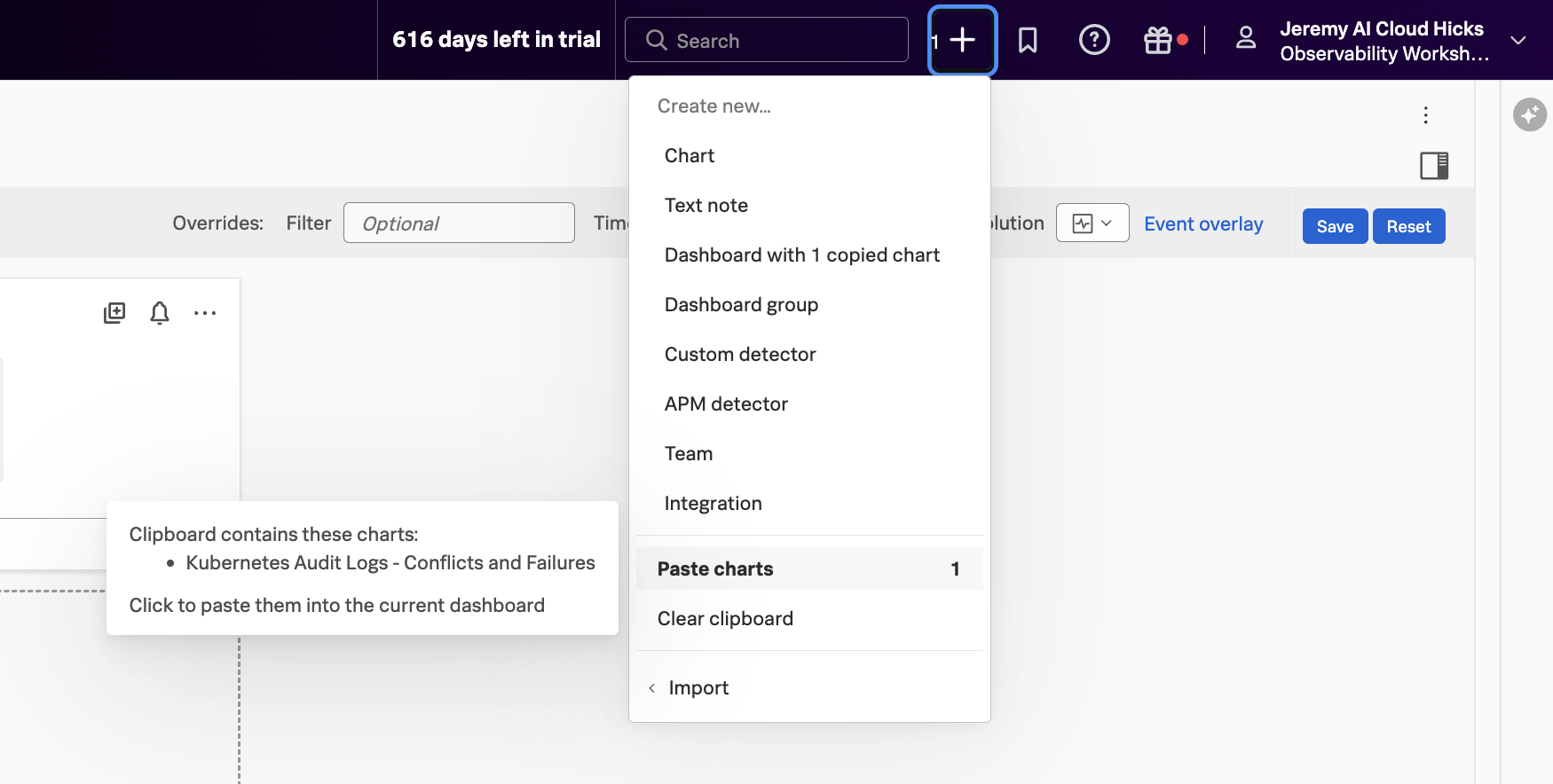Paste chart into dashboard