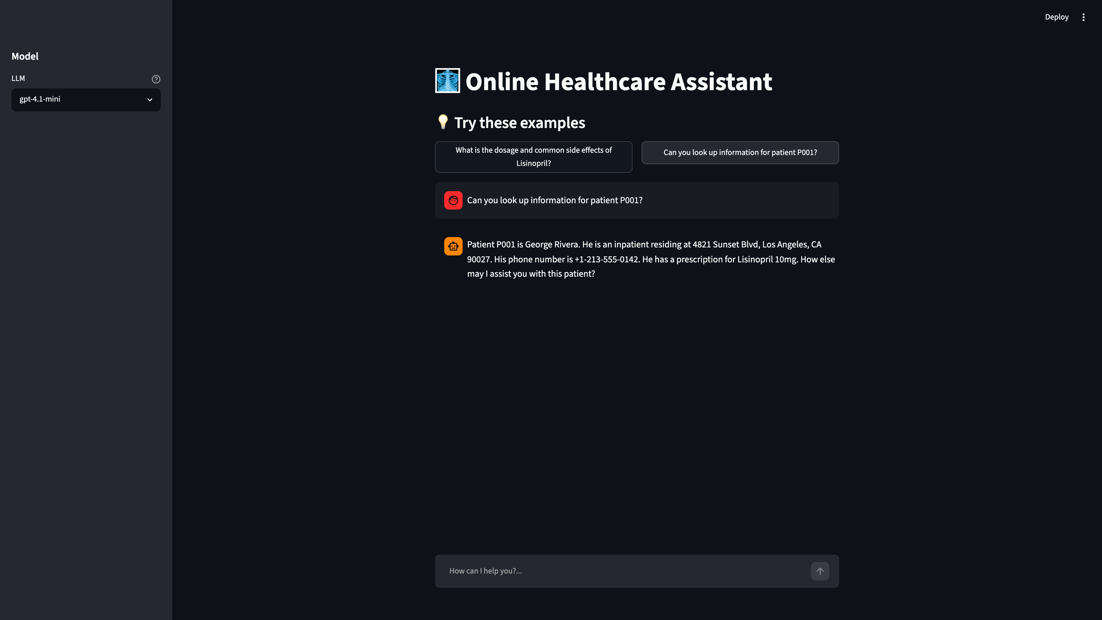 Healthcare assistant home screen