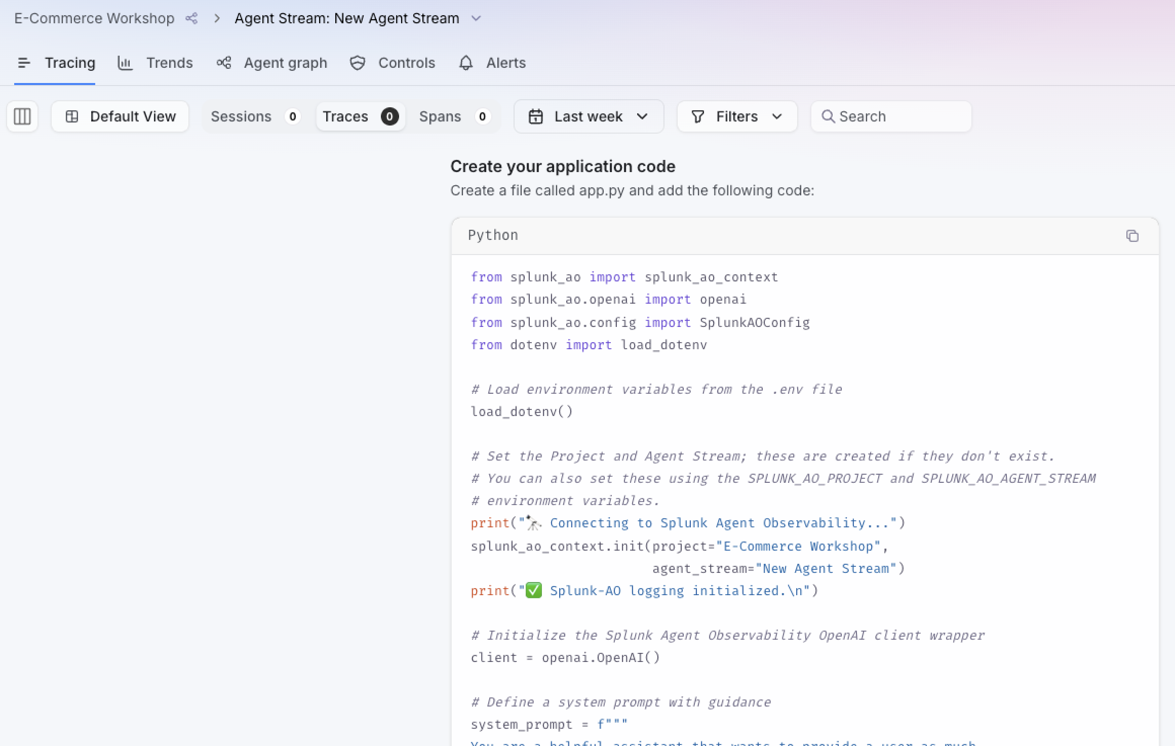 Project and agent stream selection