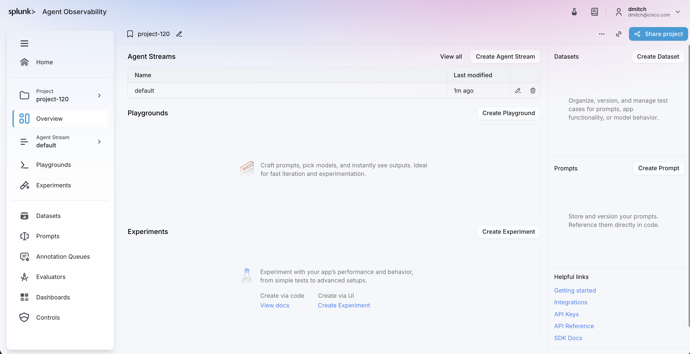 Project and agent stream selection