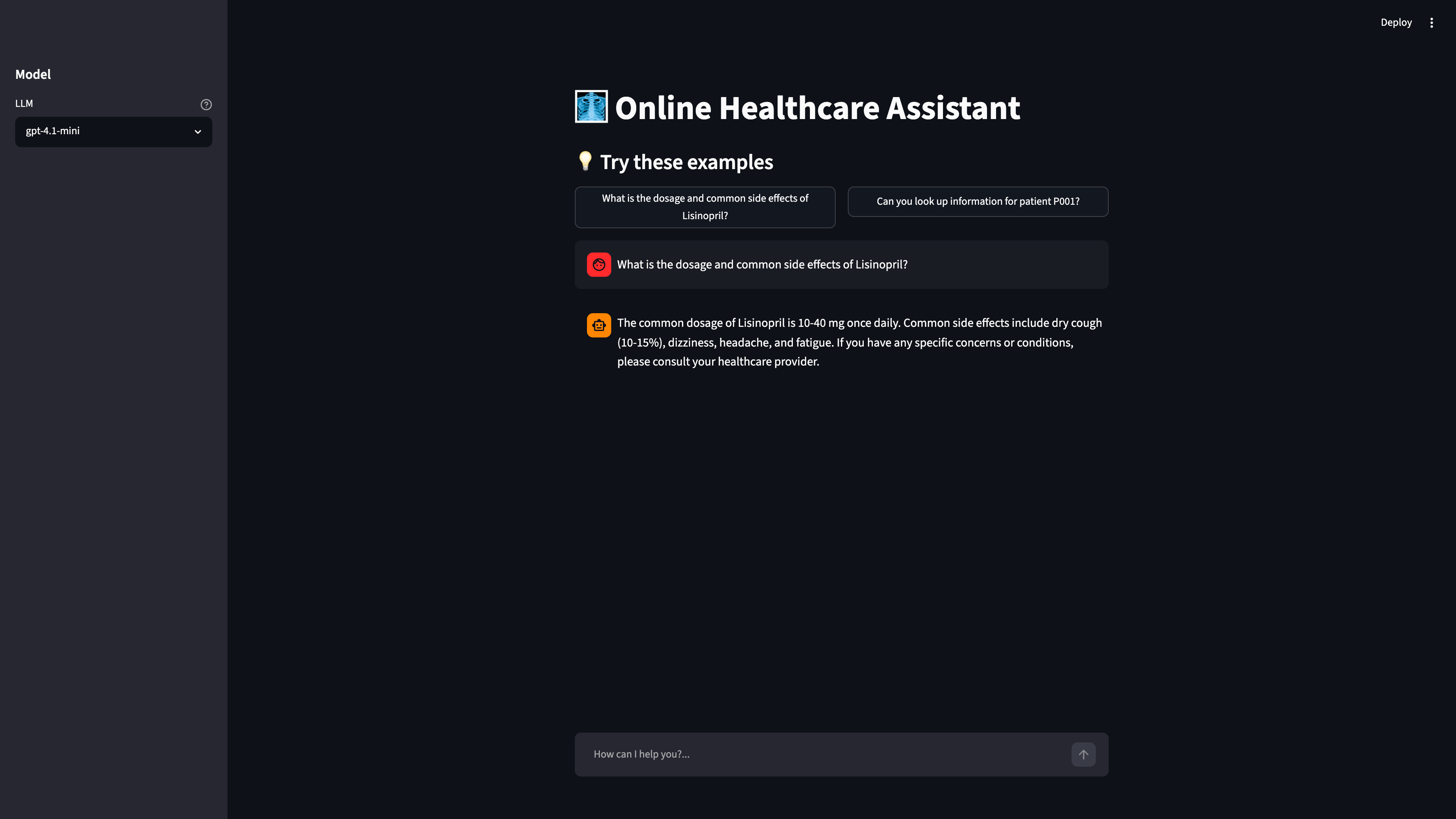 Healthcare assistant home screen