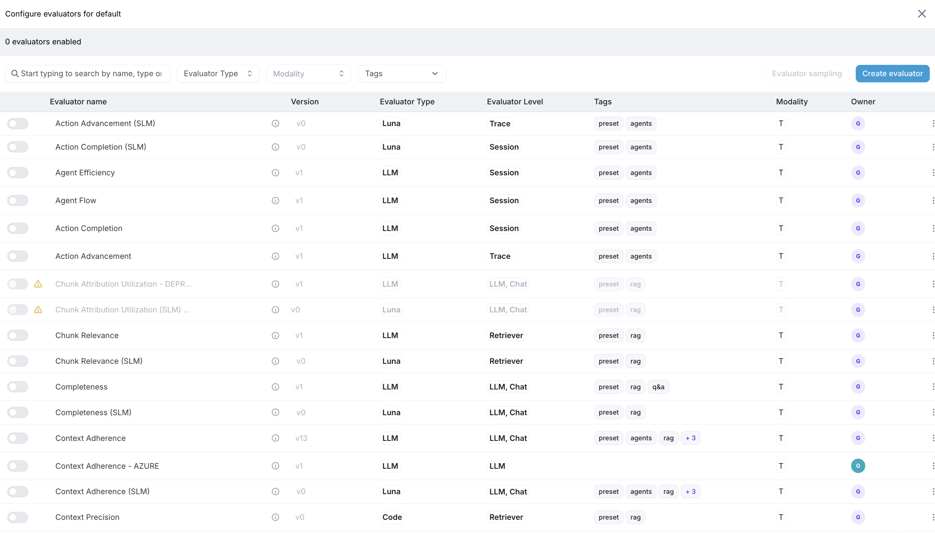 Agent stream evaluators configuration