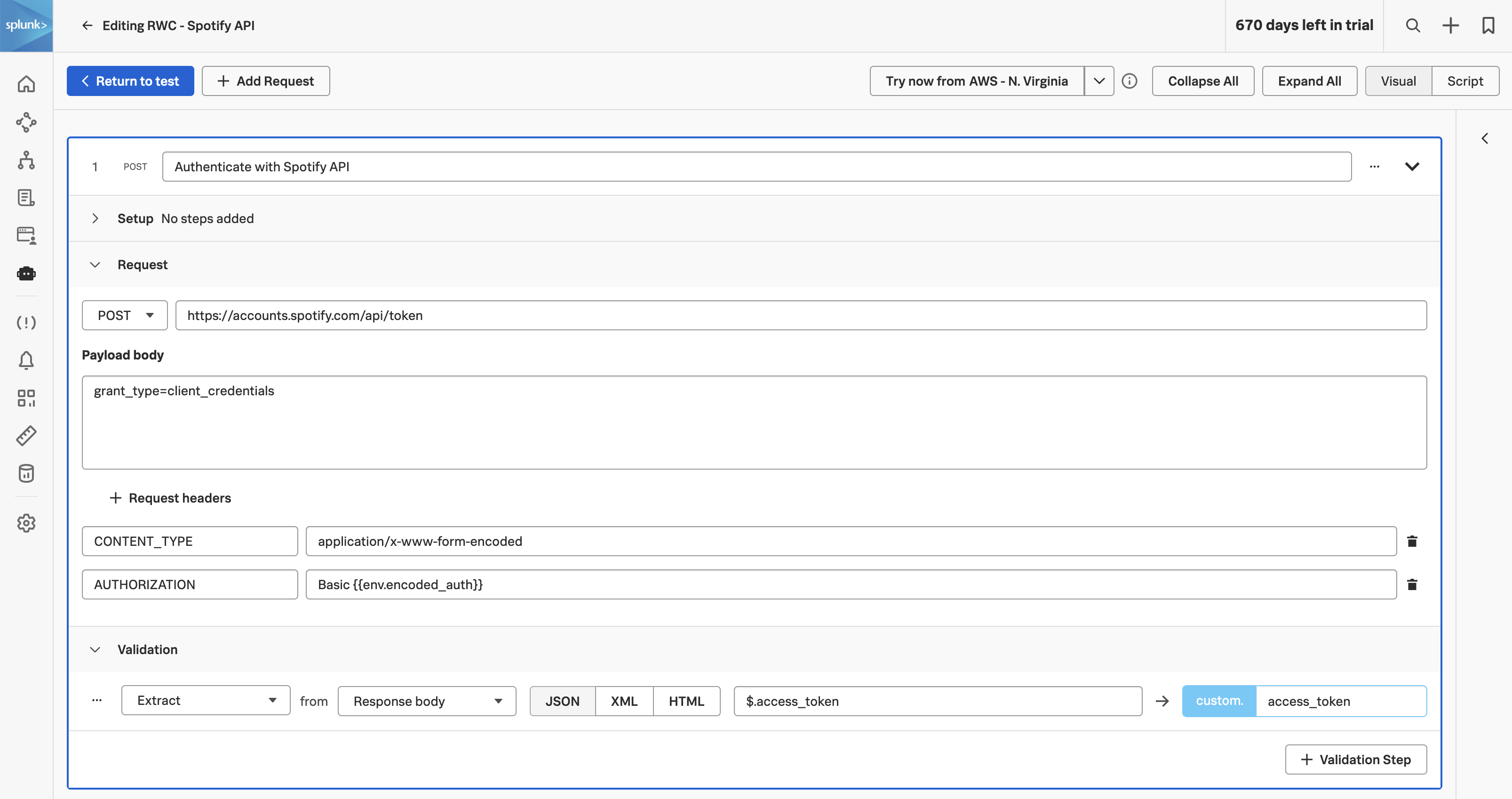 Validation panel with JSONPath extraction for $.access_token configured