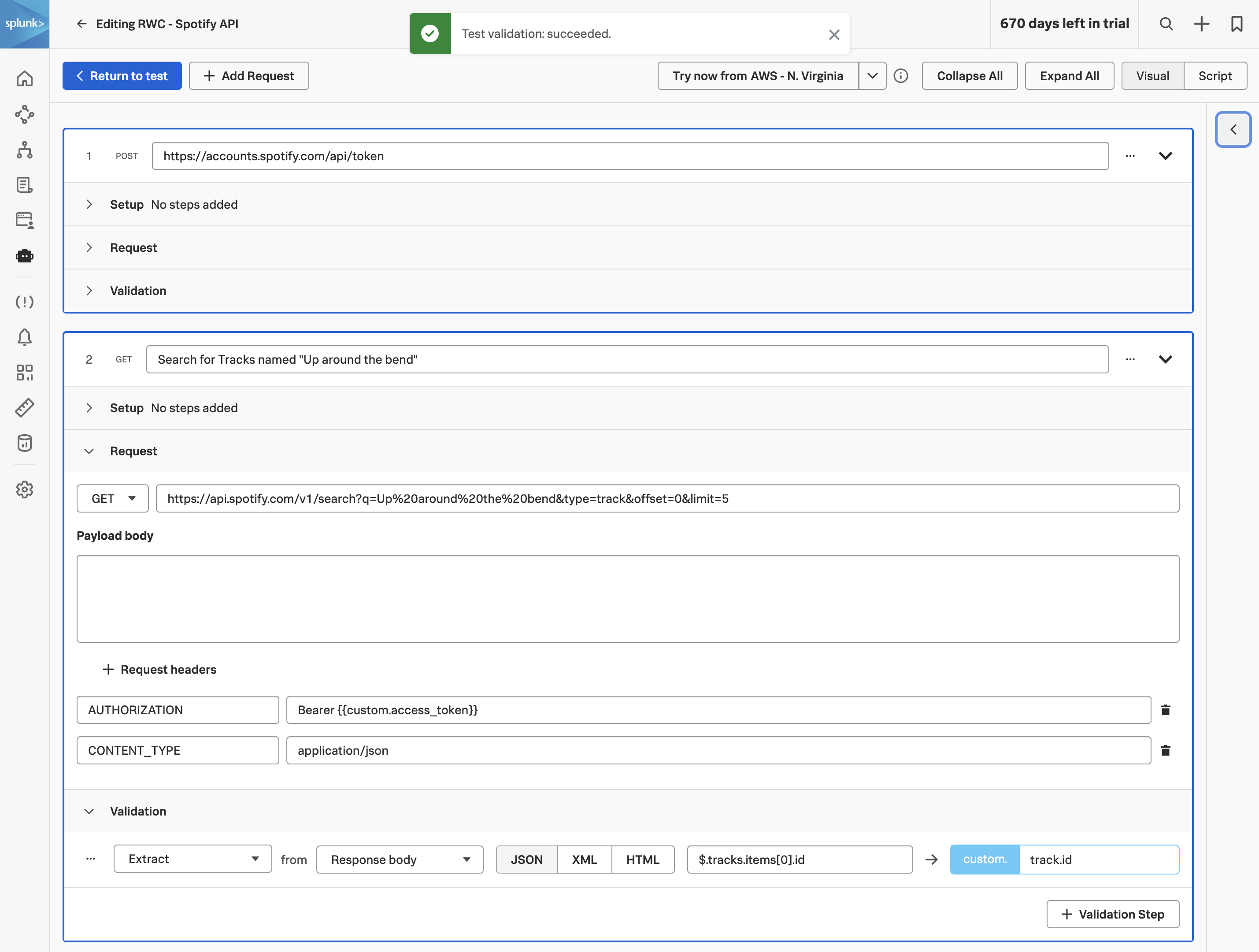Validation panel with JSONPath extraction for $.tracks.items[0].id configured
