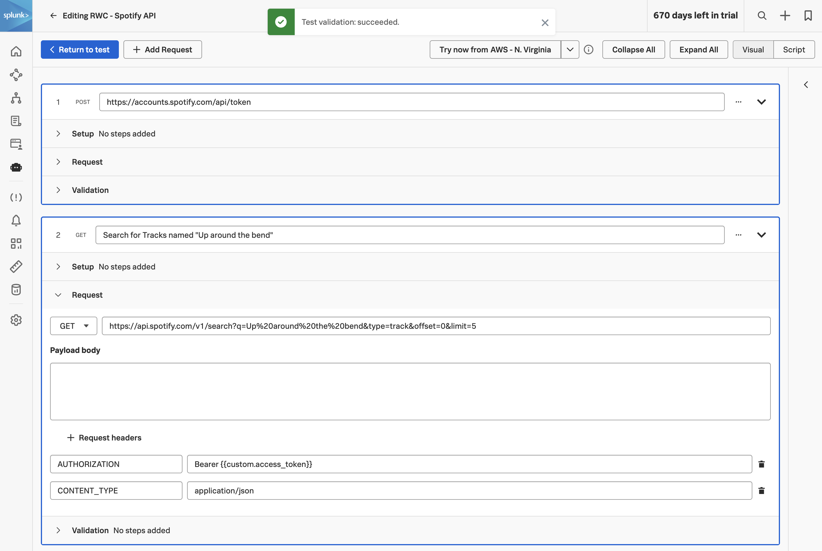 Search request step with URL and headers configured