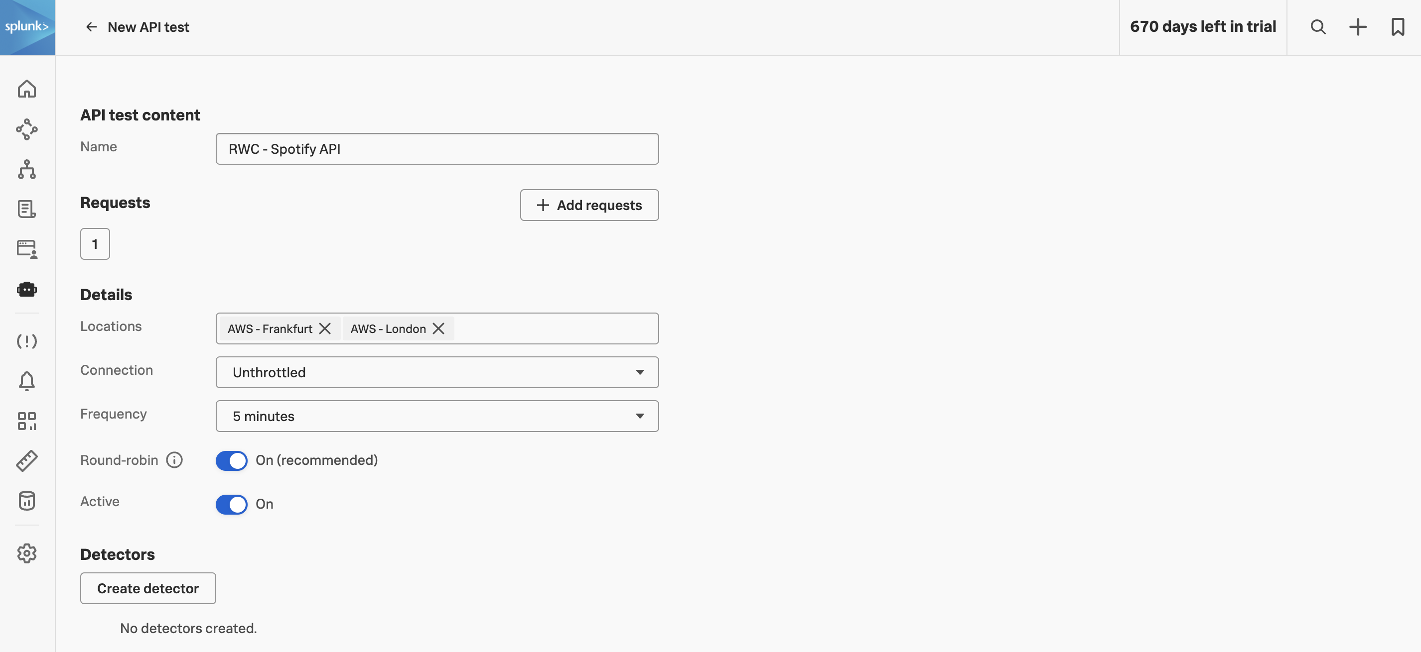 Add new API test dialog with the test name field filled in