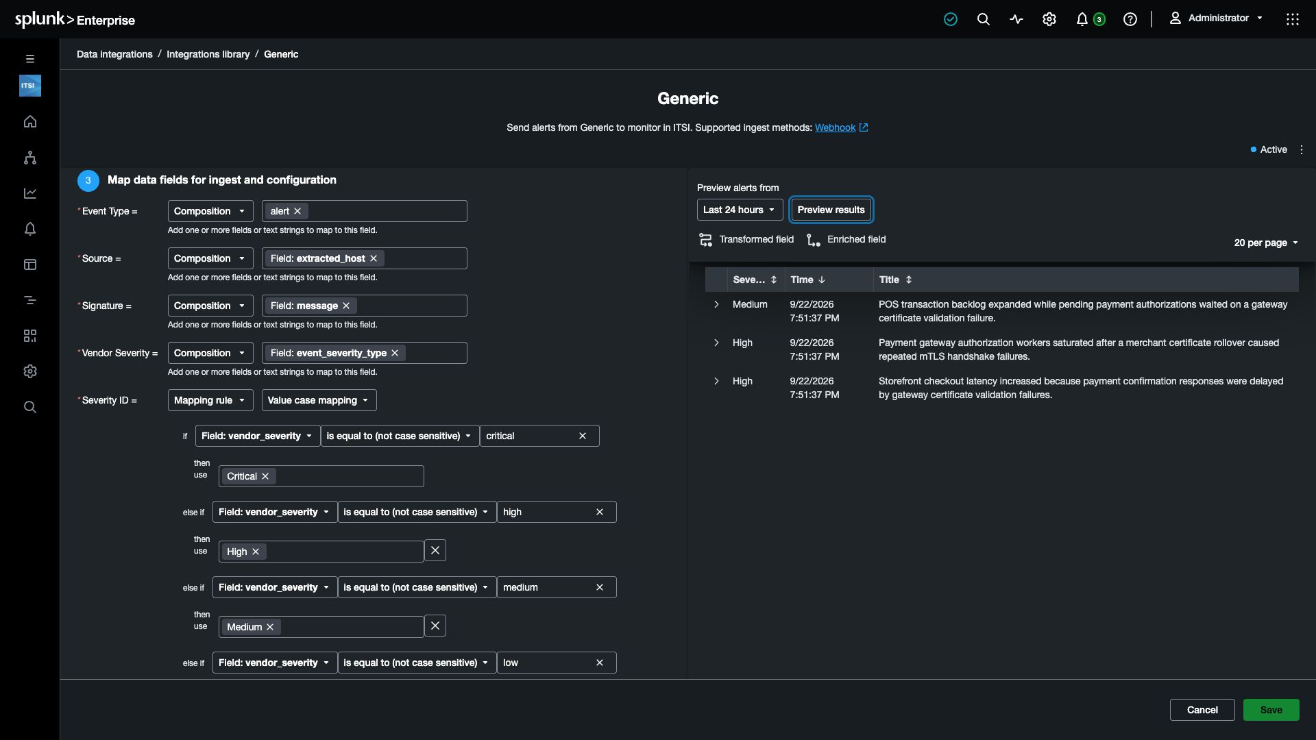 Payment alert mappings for source, message, severity, and service context