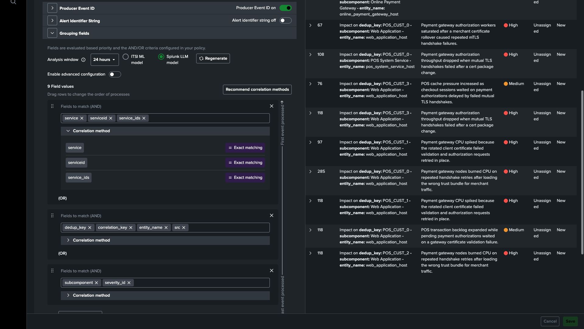 EventiQ Detect analysis showing recommended grouping fields and matching methods