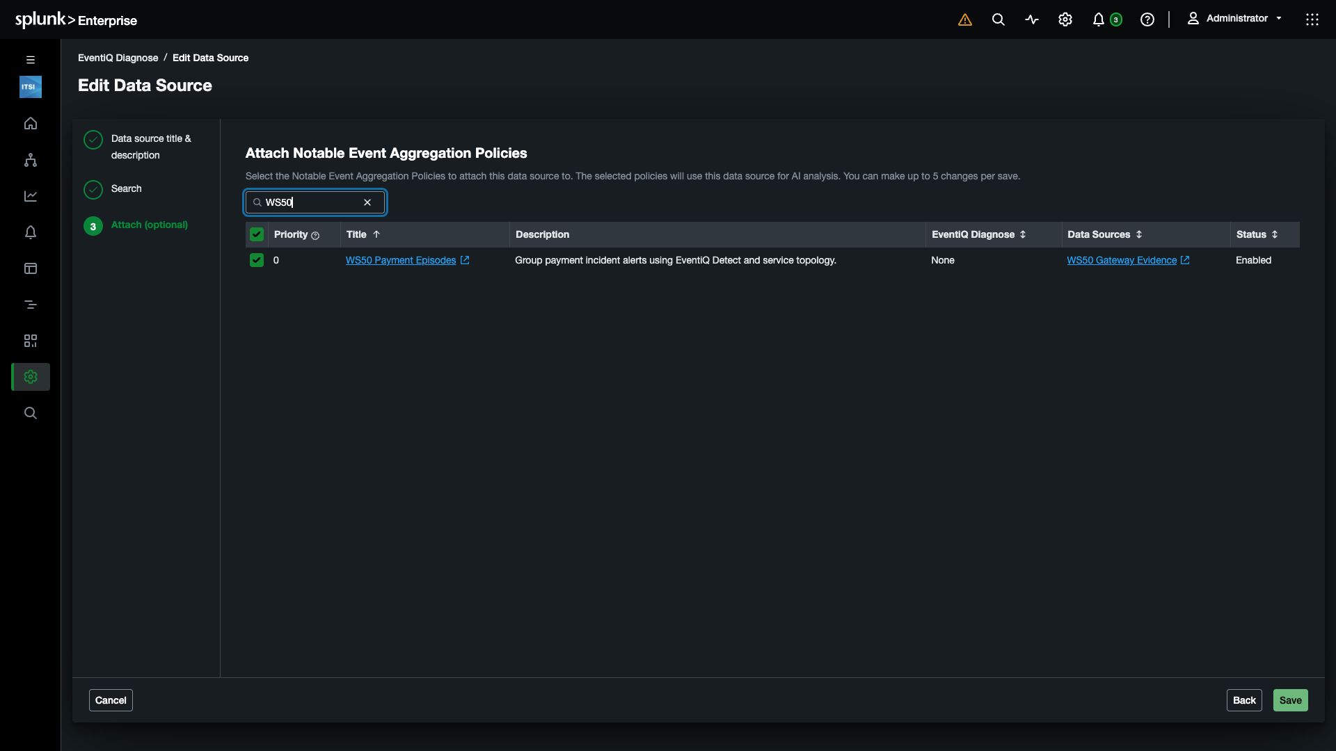 Gateway evidence data source attached to the payment aggregation policy