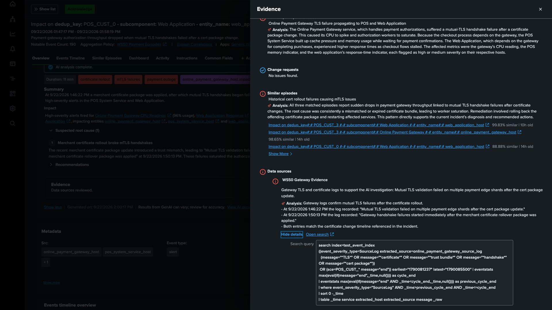 Gateway evidence with its original timestamp and certificate-related message