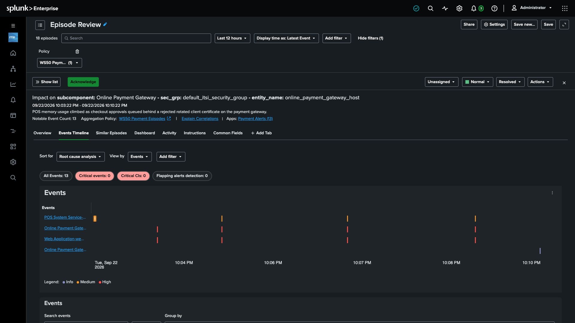 Payment episode bringing gateway, POS, and web application symptoms into one investigation