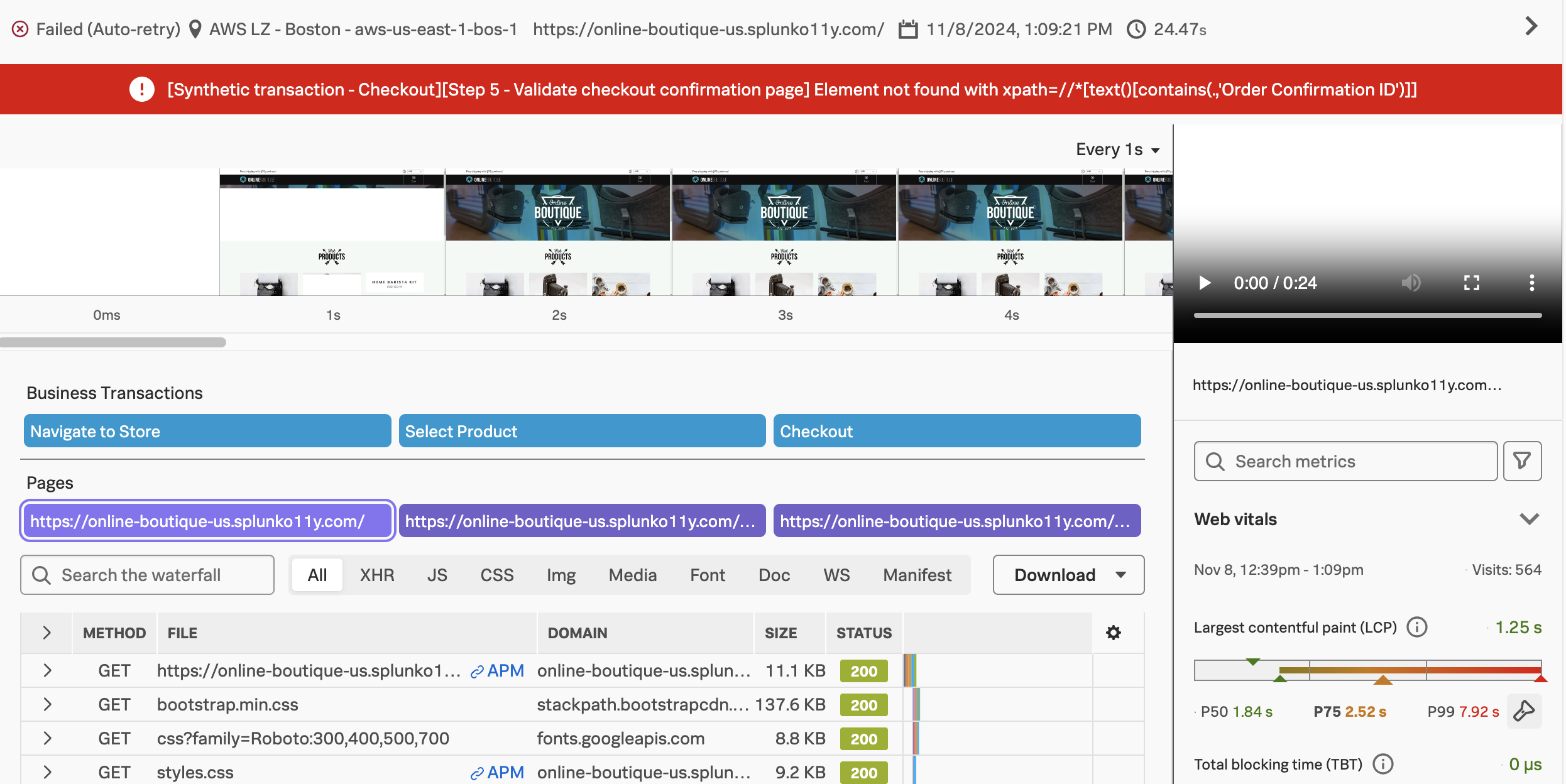 Single test run result, with an error message and screenshots