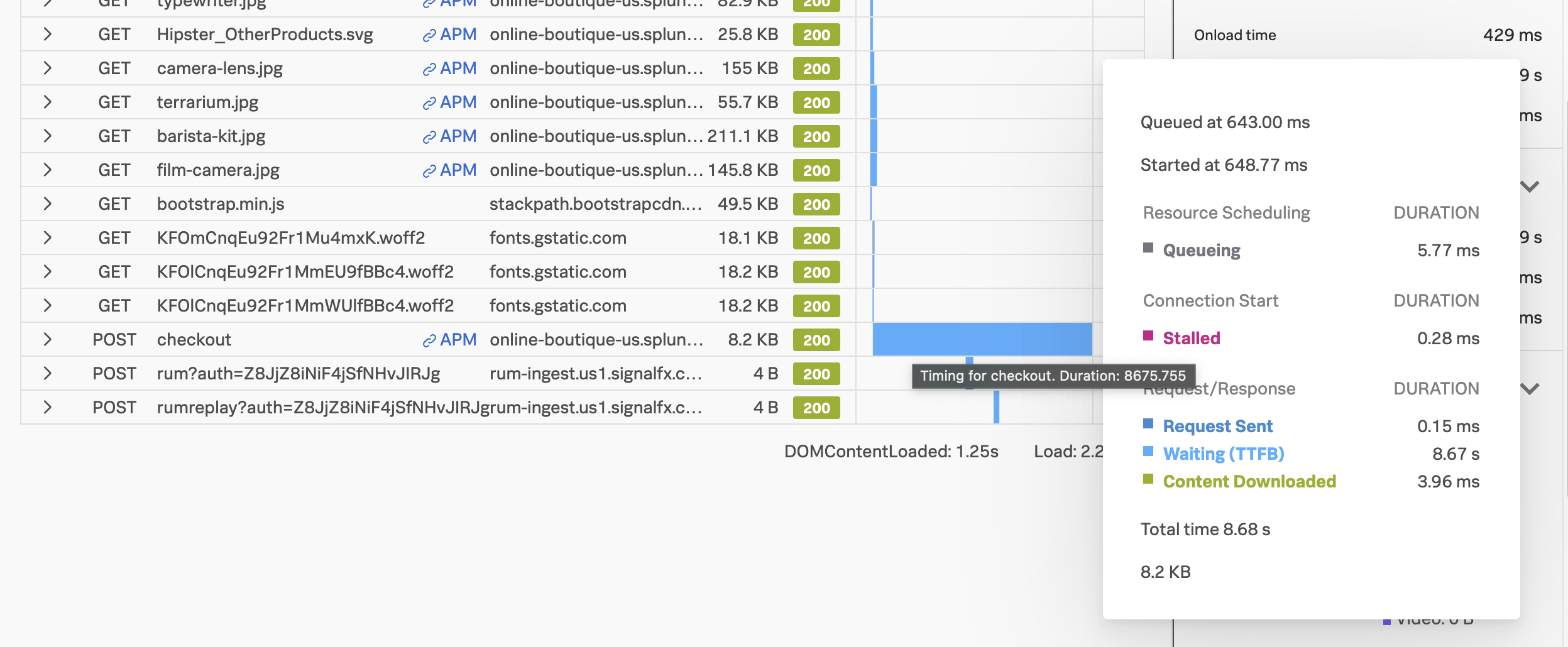 resources in the browser test waterfall, with a long request highlighted