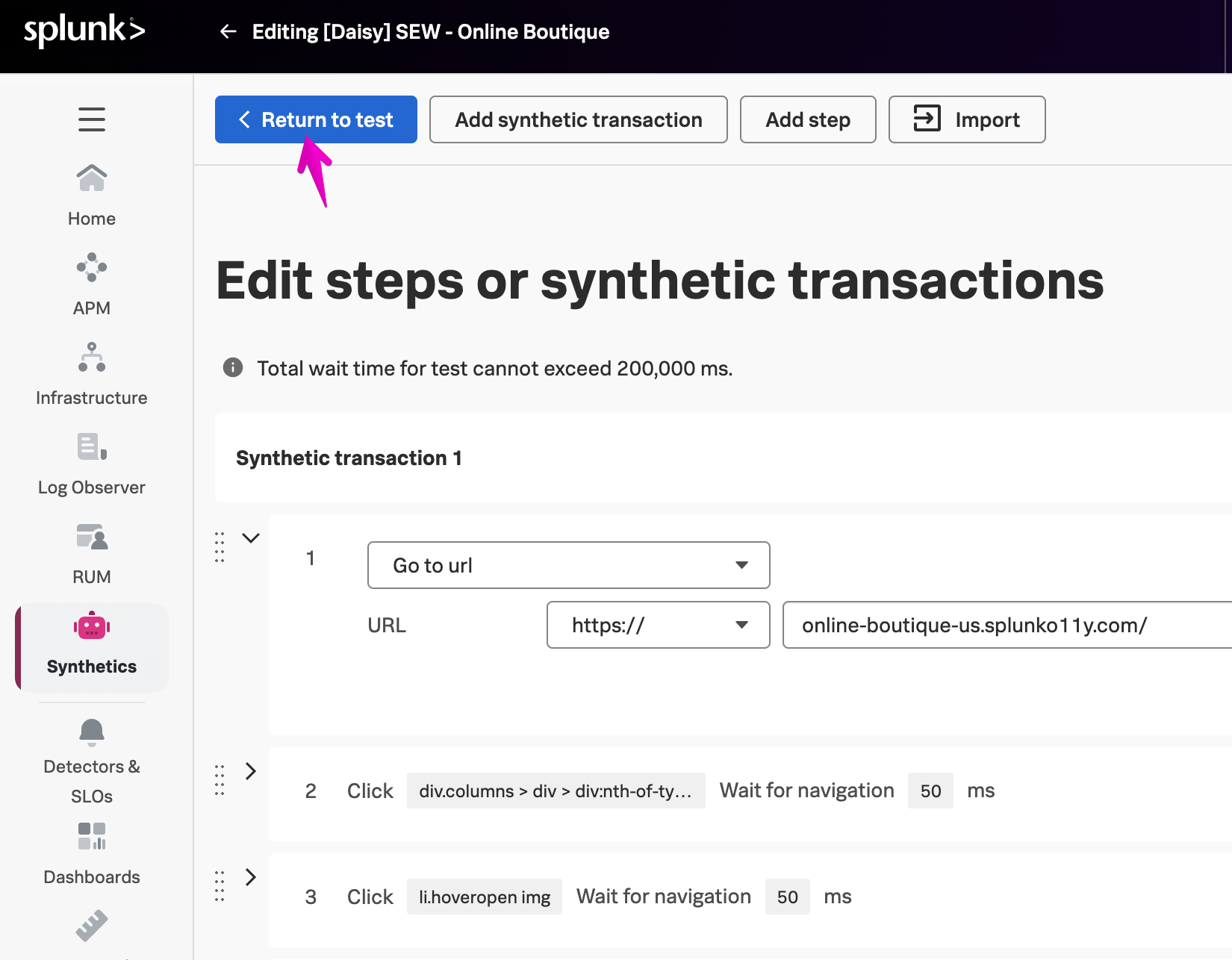 Return to test button in the browser test editor