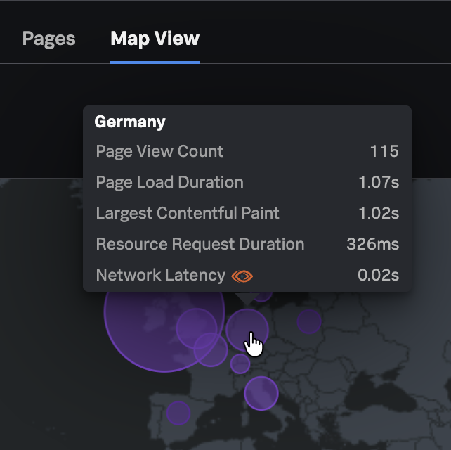 Geo map view in Splunk RUM, with Network Latency from ThousandEyes visible