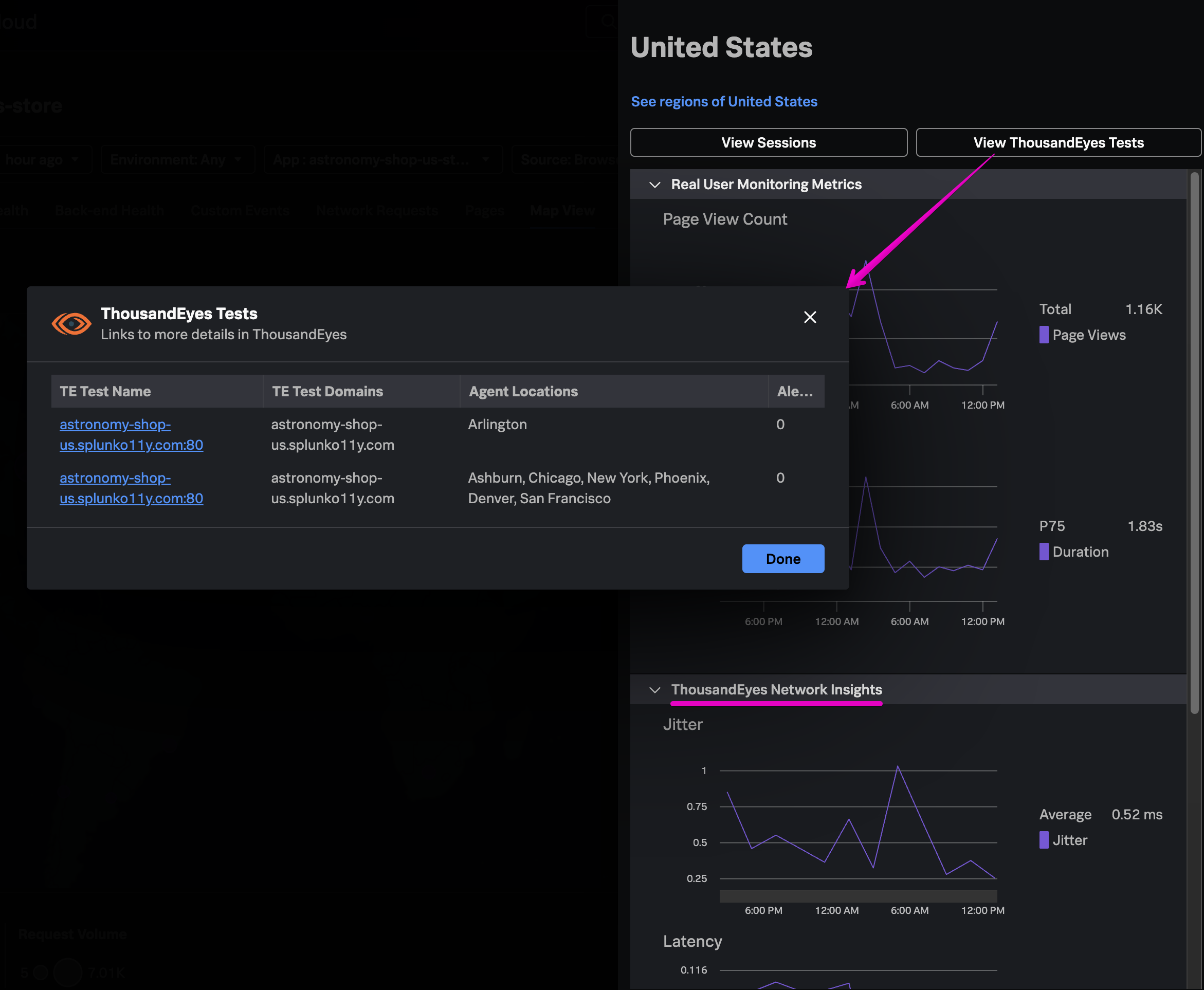 RUM metrics with ThousandEyes metrics and Tests dialog open