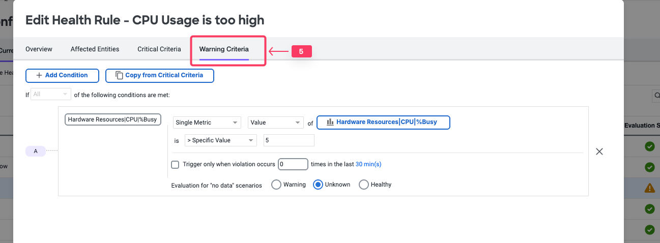 Edit Health Rule - Warning