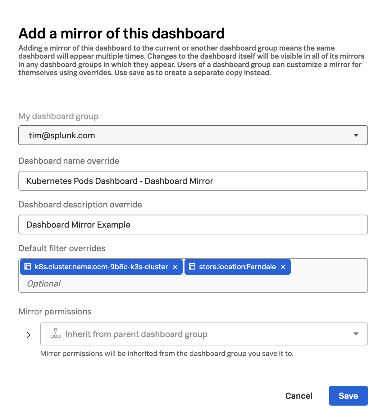 Mirror Dashboard Config