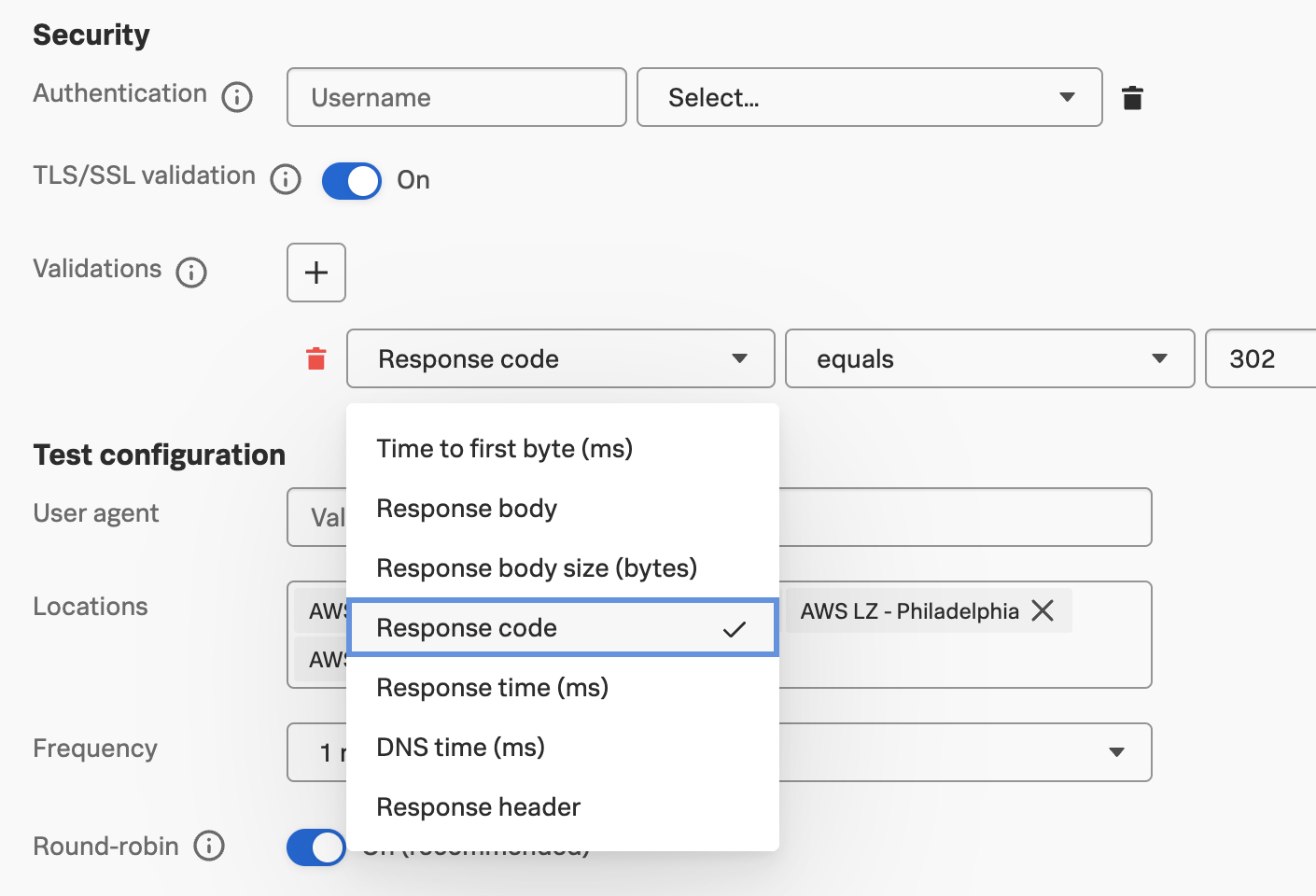 Advanced settings for test configuration