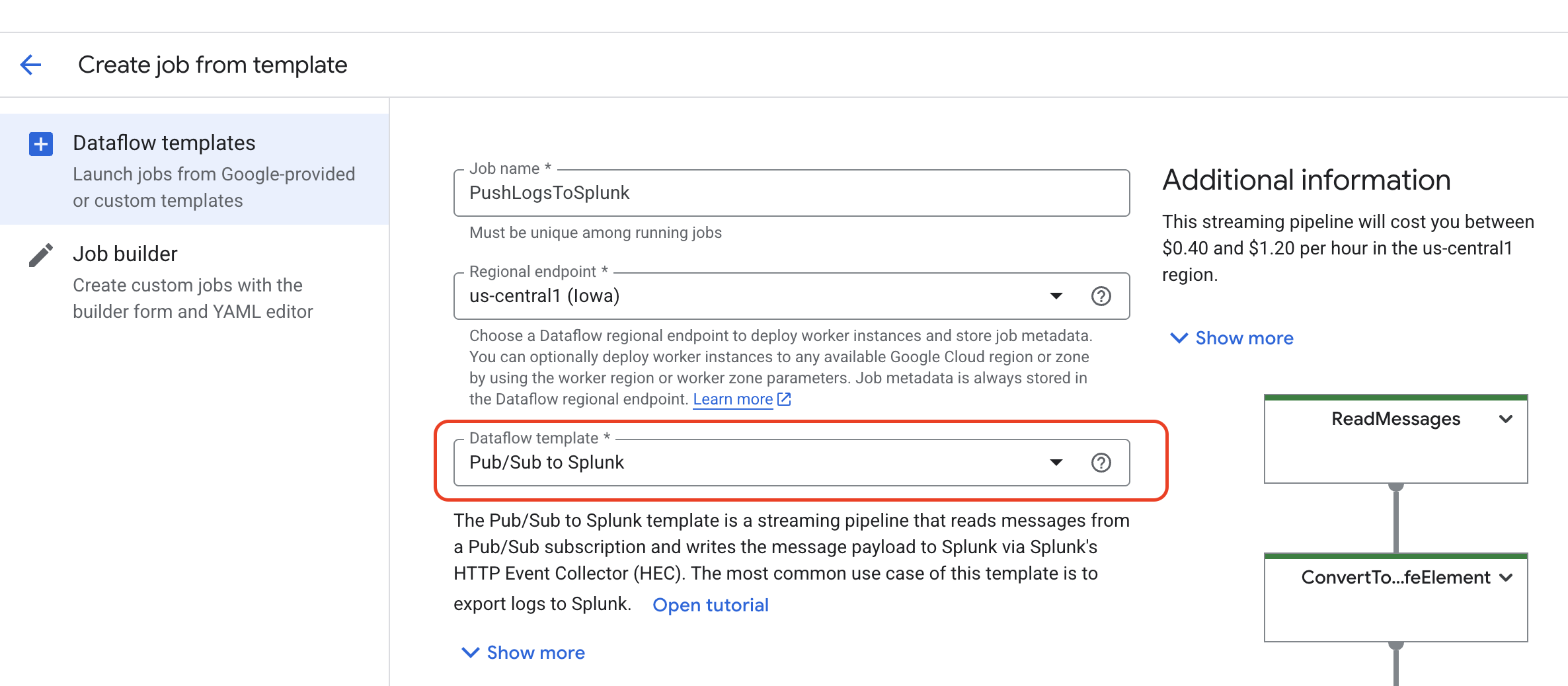Create Dataflow job from template for SCC findings