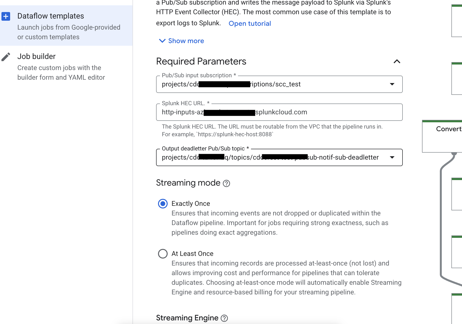 Dataflow job parameters for SCC to Splunk