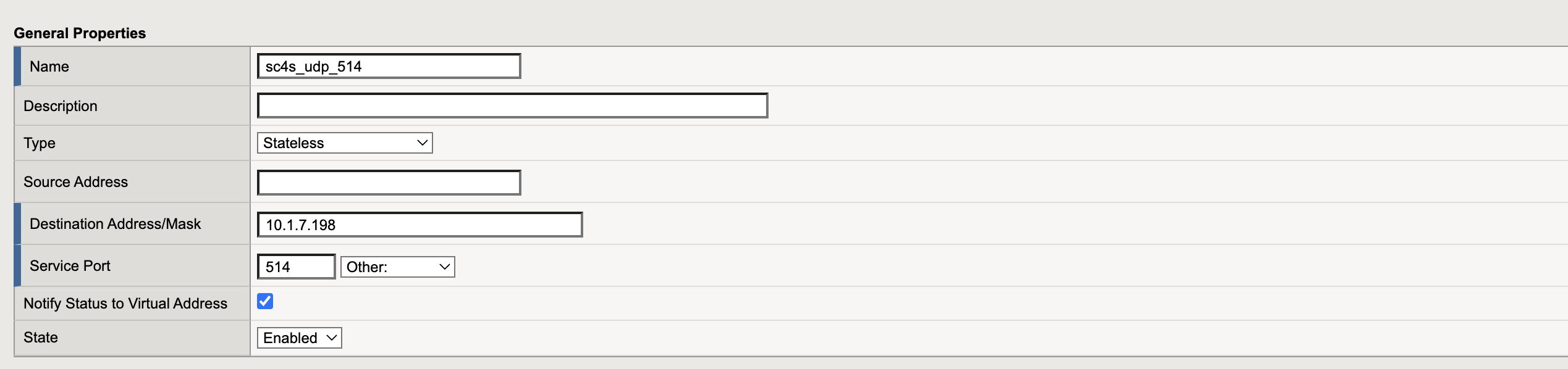 UDP Virtual Server General Properties