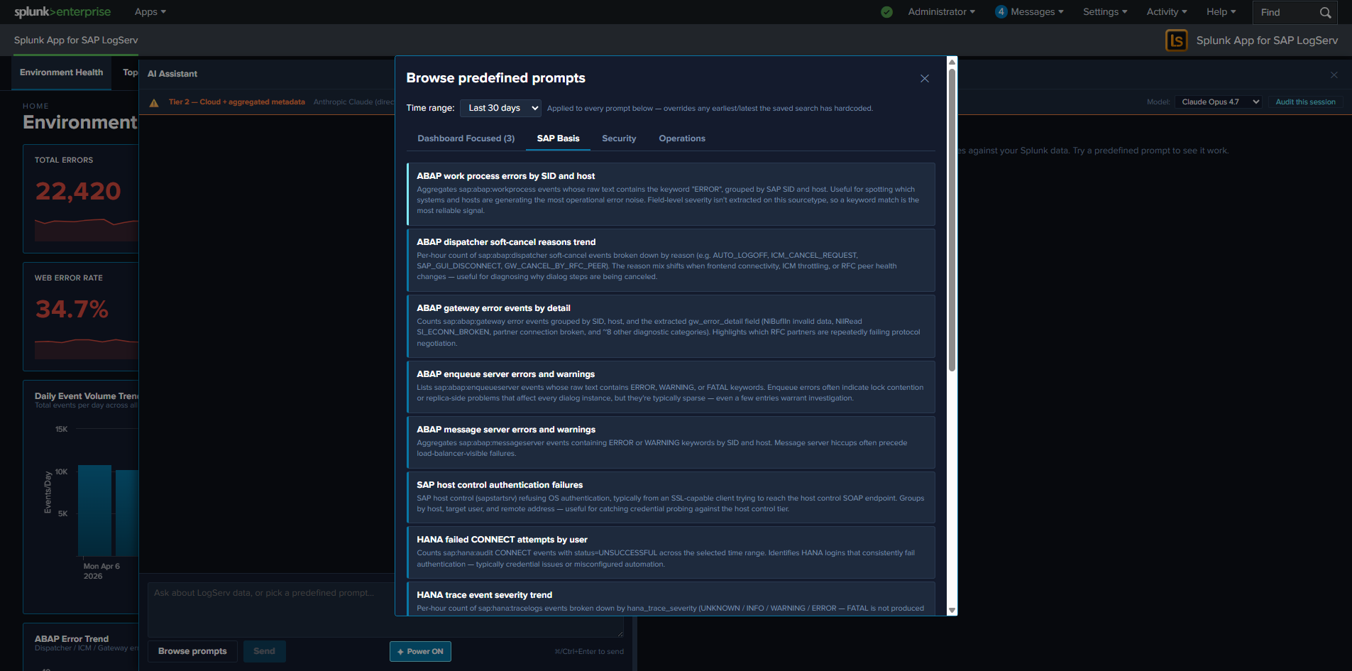 AI Assistant — predefined-prompts modal open