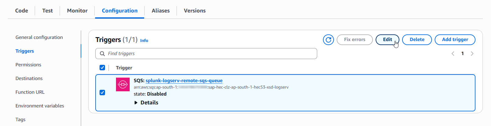 Edit SQS Trigger image