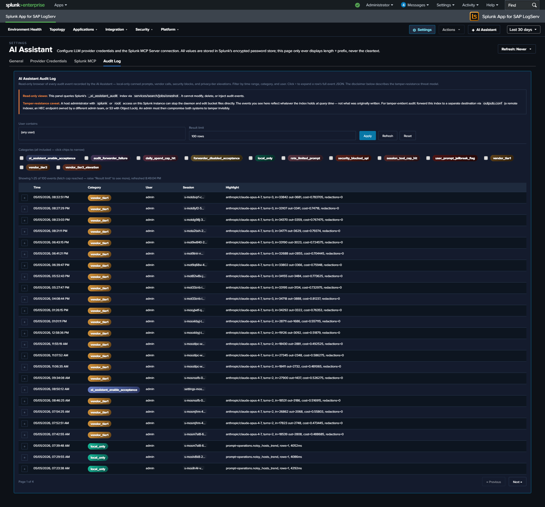 Settings — Audit Log tab