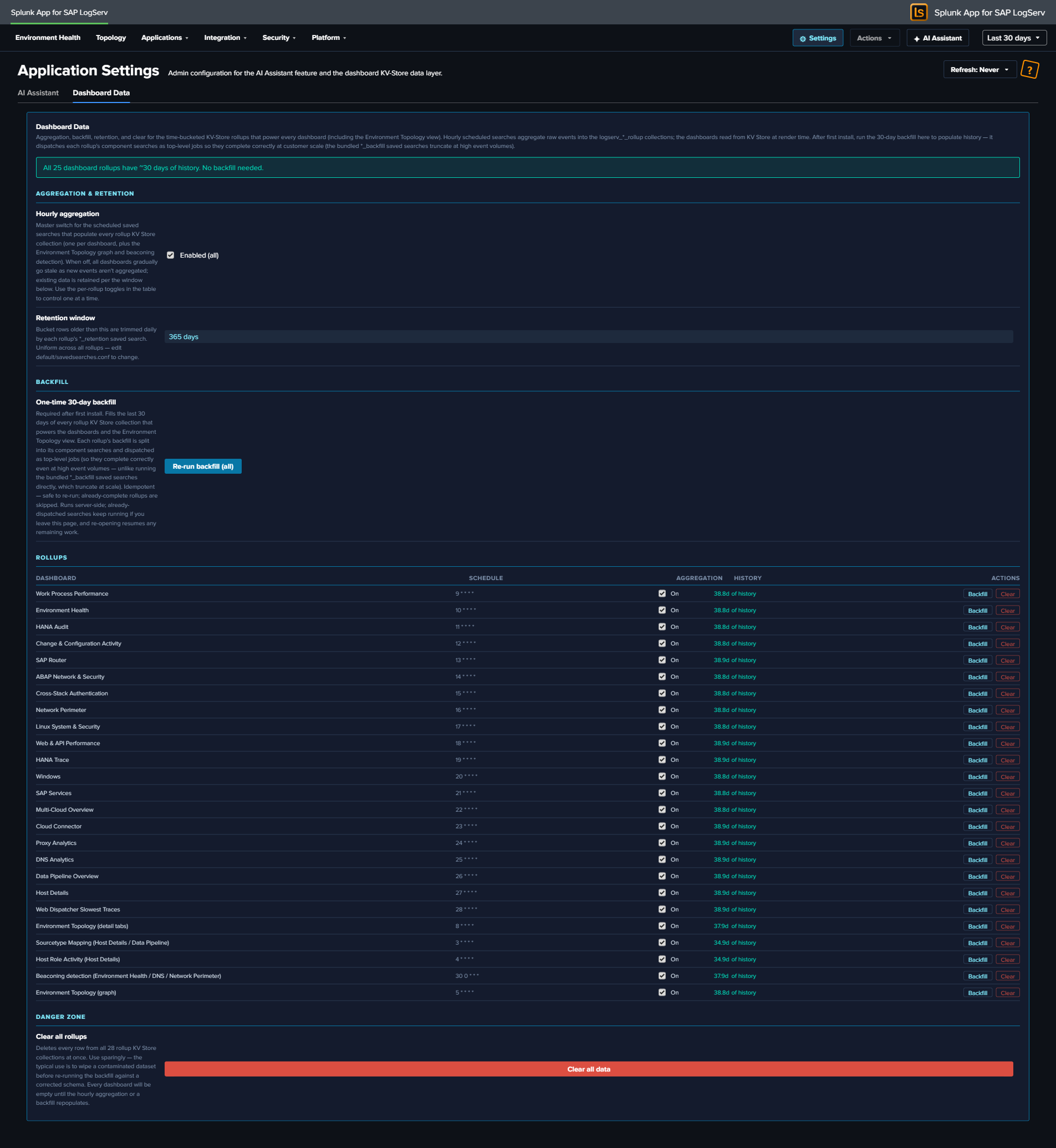 Settings — Dashboard Data tab (merged rollup management)