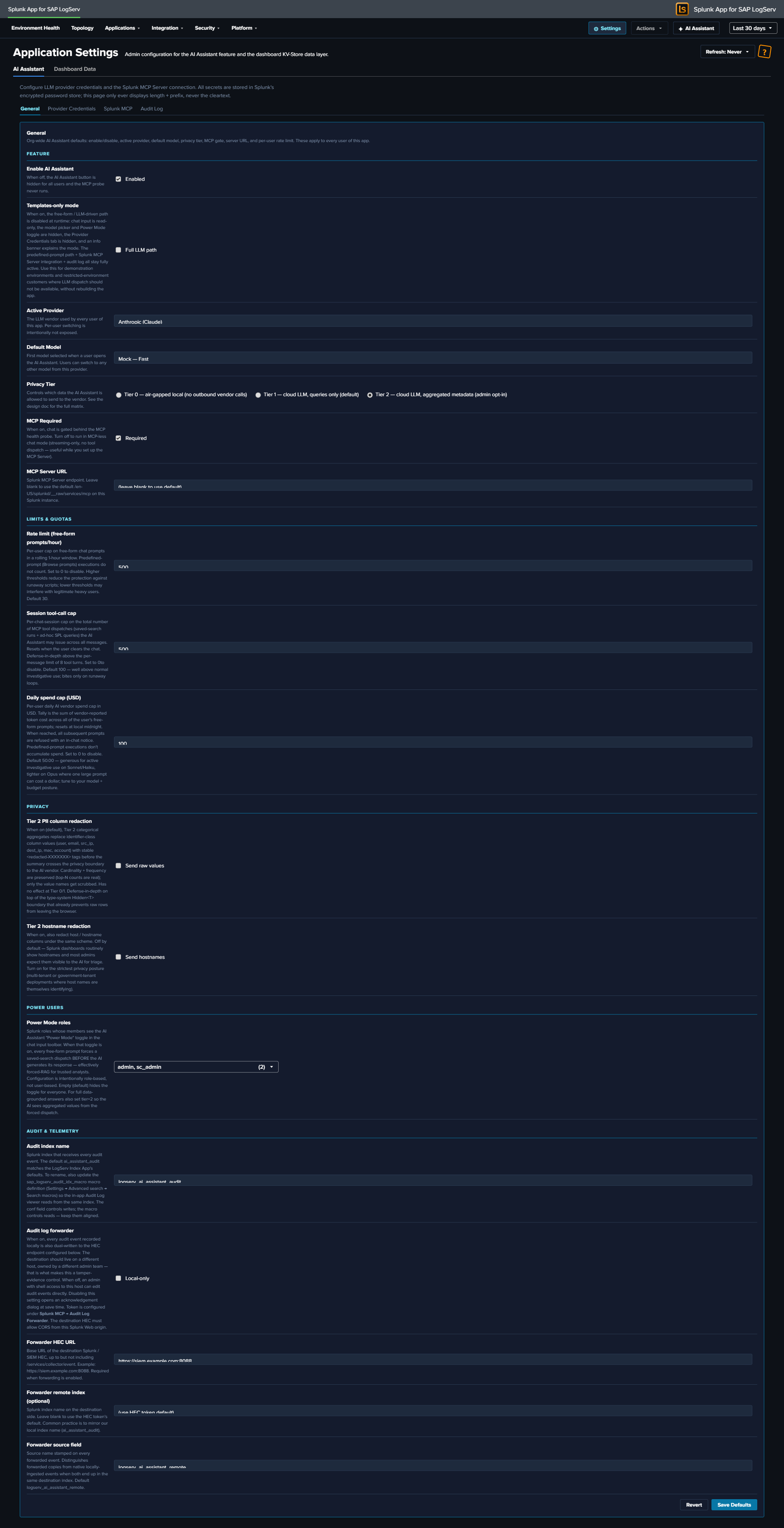 Application Settings — two-level tab hierarchy (AI Assistant ▸ General sub-tab)