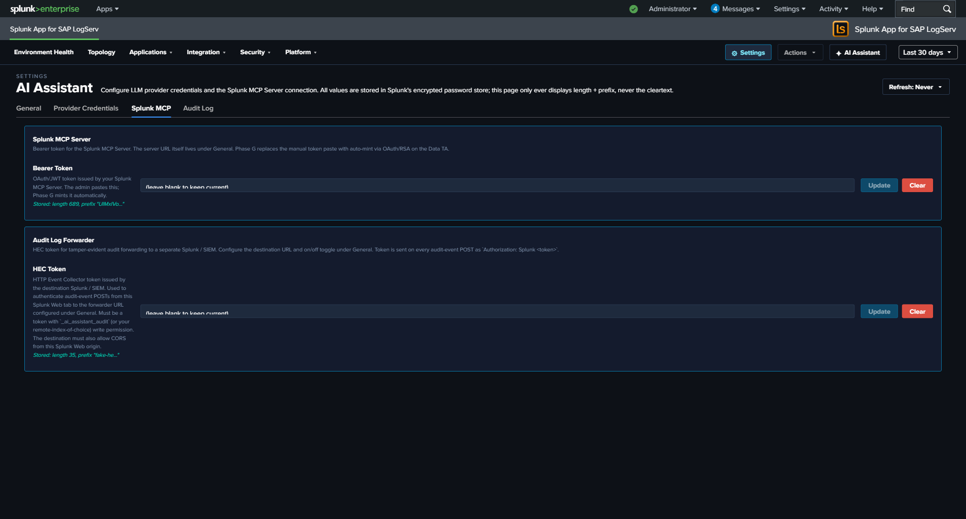 Settings — Splunk MCP tab