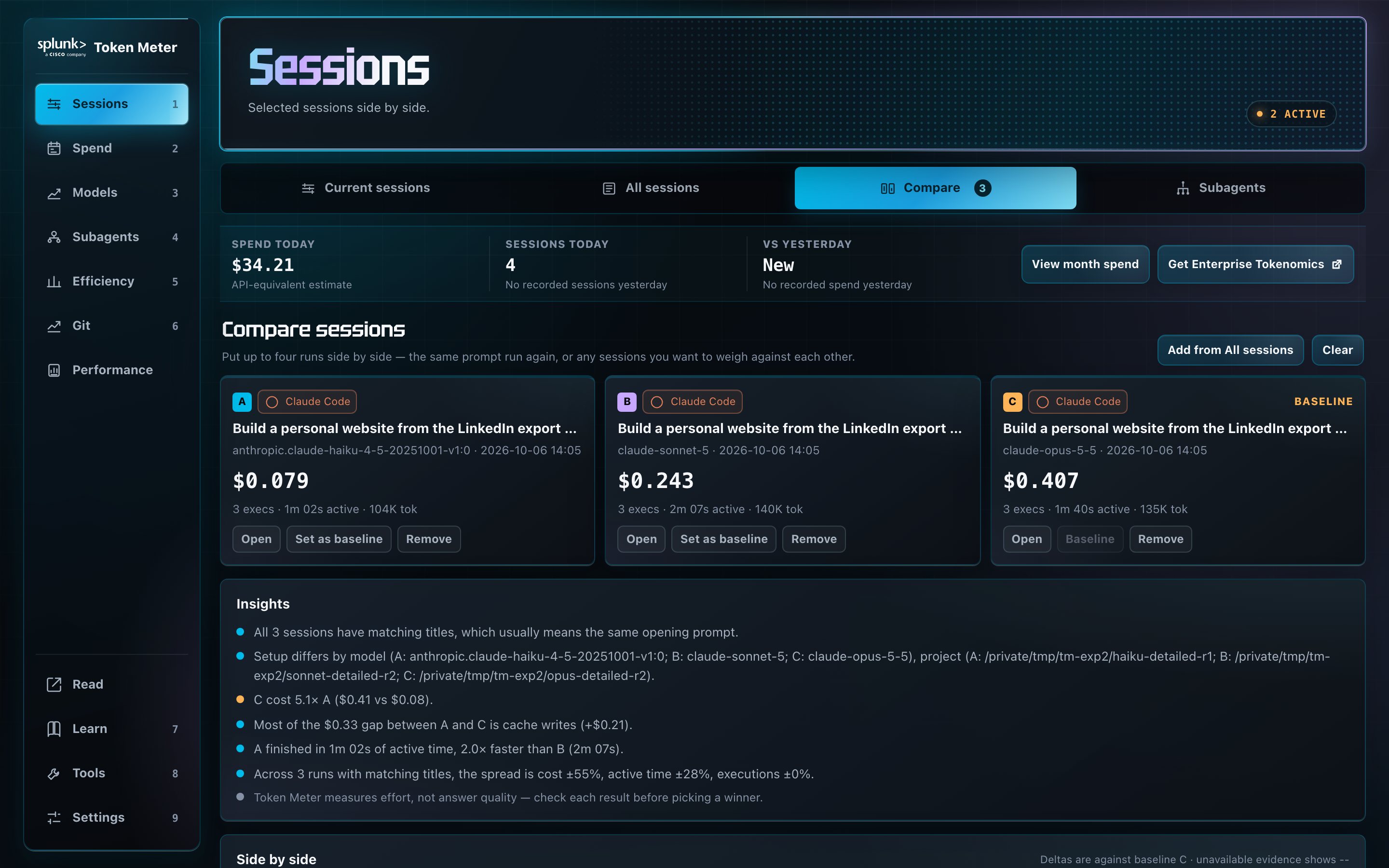Compare sessions view with three runs of one prompt on Haiku, Sonnet, and Opus