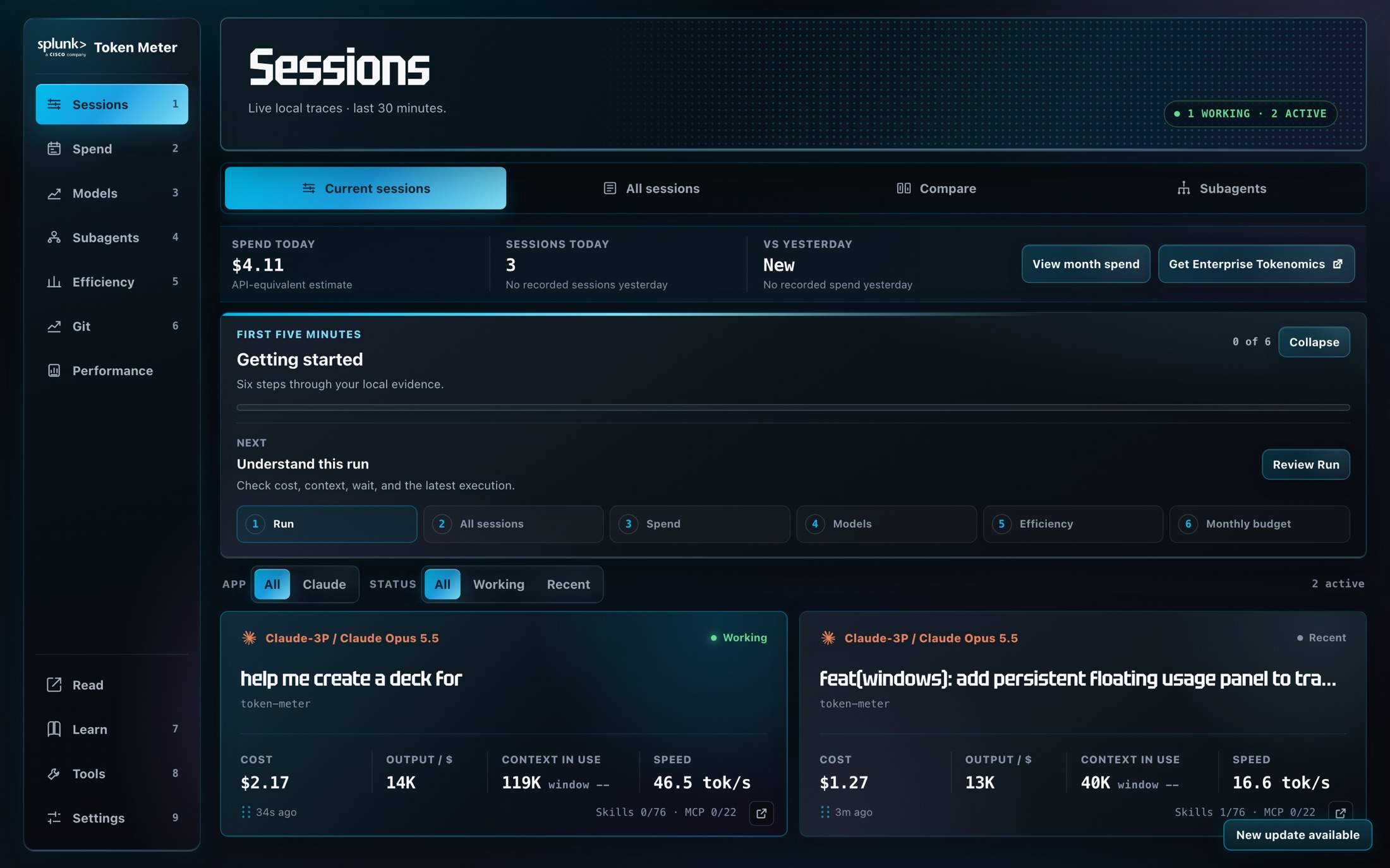 Current sessions with live cost, output per dollar, context, and speed
