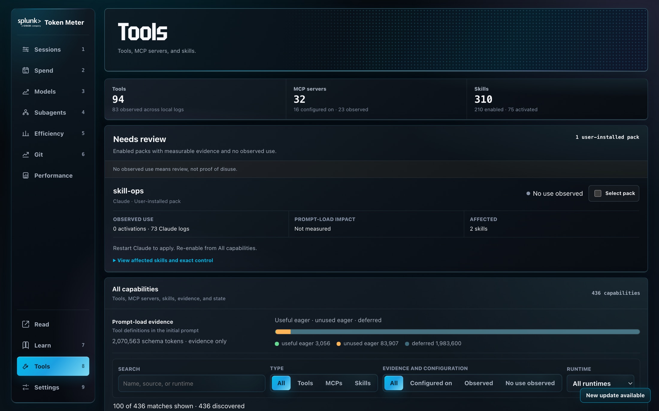 Tools page with capability counts, unused packs, and prompt-load evidence